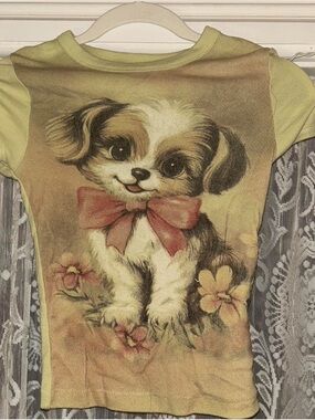 Cute Puppy Graphic Dog Tee - Pink Bow, Yellow Base